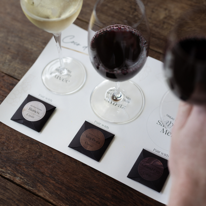 Two wine glasses with a tasting mat featuring wine labels on a wooden table.