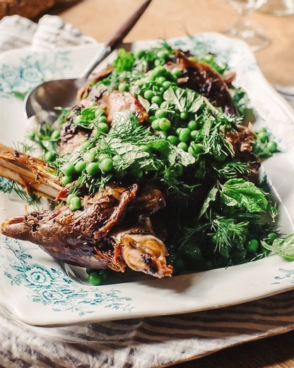 Slow Roasted Lamb Shoulder with Peas, Mint & Anchovies