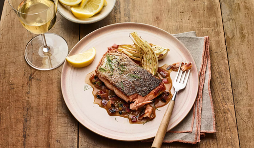 Roast Salmon with Fennel and Charred Onion Sauce