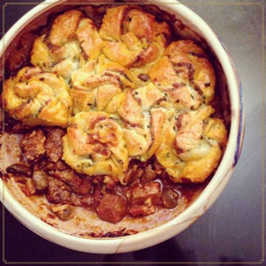Slow-Cooked Smoky Beef with Herb & Cheese Twists