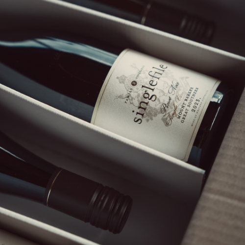 Close up of a bottle of wine in a box