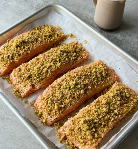 Baked Salmon with Harissa & Pistachio Crumb