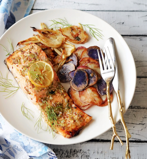 Roast Salmon with Fennel and Charred Onion Sauce