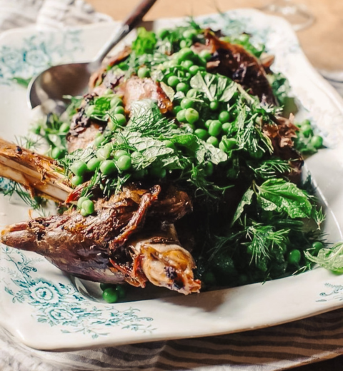 Slow Roasted Lamb Shoulder with Peas, Mint & Anchovies