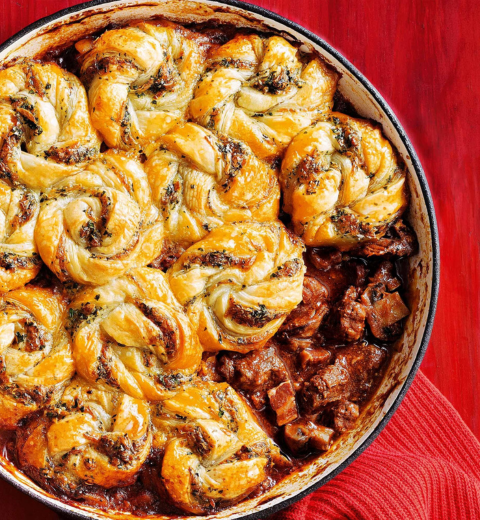 Slow-Cooked Smoky Beef with Herb & Cheese Twists